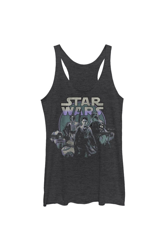 Women's Star Wars The Force Awakens Rey and Droids Racerback Tank Top Black Heather Large