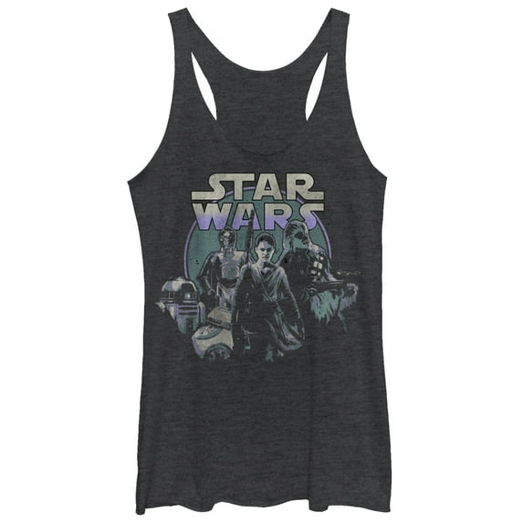 Women's Star Wars The Force Awakens Rey and Droids Racerback Tank Top Black Heather Large