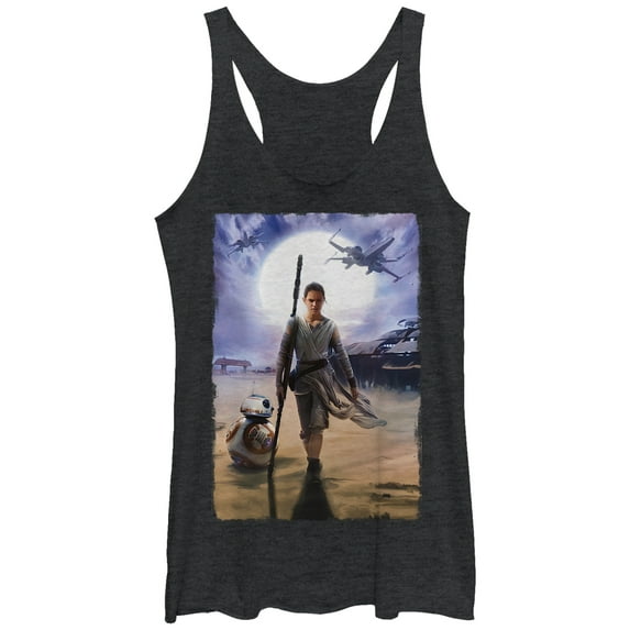 Women's Star Wars The Force Awakens Rey on Jakku Racerback Tank Top Black Heather X Large