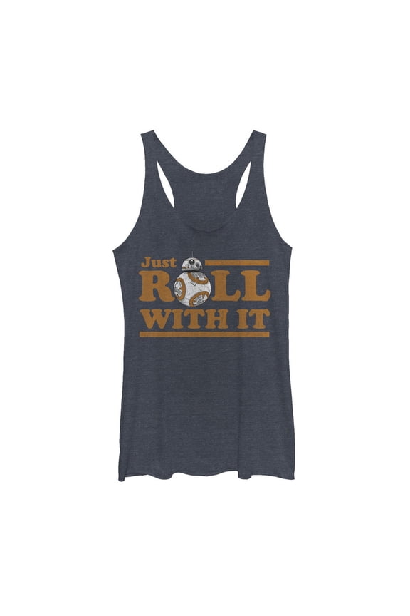 Women's Star Wars The Last Jedi BB-8 Just Roll Racerback Tank Top Navy Blue Heather Medium