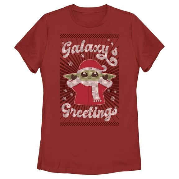 Women's Star Wars: The Mandalorian Christmas Grogu Galaxy's Greetings Cute  Graphic Tee Red Small