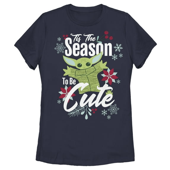 Women's Star Wars: The Mandalorian Christmas The Child Cute Season Graphic Tee Navy Blue Large