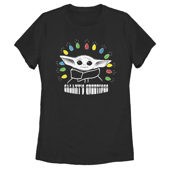 Women's Star Wars: The Mandalorian Christmas The Child Galaxy's Greetings Graphic Tee Black Large