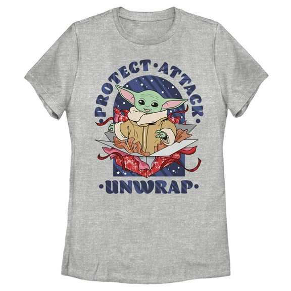 Women's Star Wars: The Mandalorian Christmas The Child Protect Attack Unwrap Graphic Tee Athletic Heather X Large