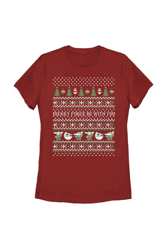 Women's Star Wars: The Mandalorian Christmas The Child Ugly Force-mas Graphic Tee Red 2X Large