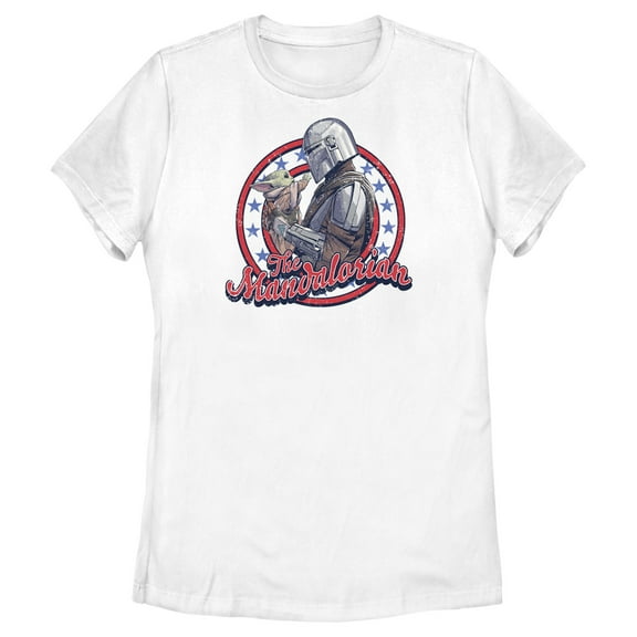 Women's Star Wars: The Mandalorian Fourth of July Grogu and Mando Frame  Graphic Tee White 2X Large