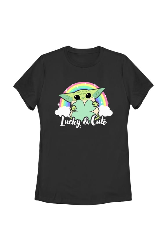 Women's Star Wars: The Mandalorian Grogu St. Patrick's Day Rainbow Lucky and Cute  Graphic Tee Black Medium