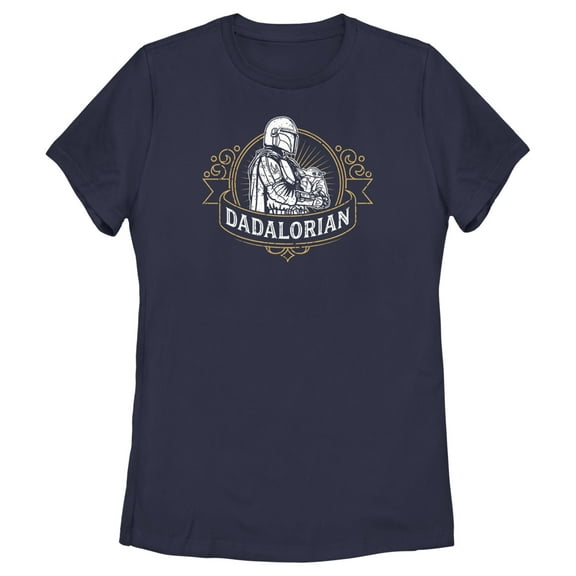 Women's Star Wars: The Mandalorian Grogu and Din Djarin Dadalorian Banner Sketch  Graphic Tee Navy Blue Large
