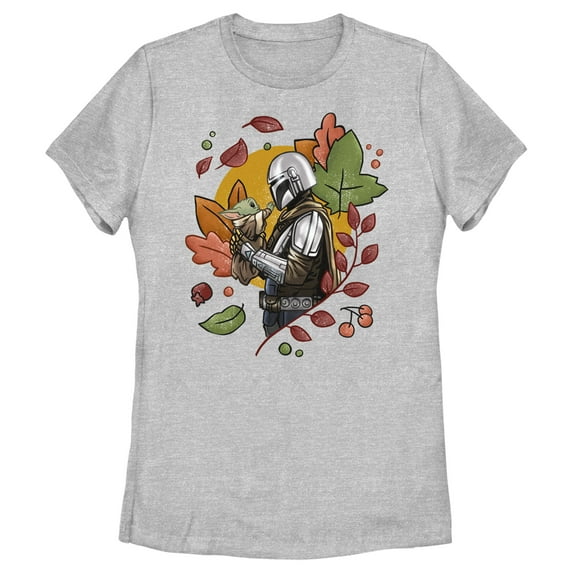 Women's Star Wars: The Mandalorian Grogu and Din Djarin Fall Leaves Love Graphic Tee Athletic Heather X Large