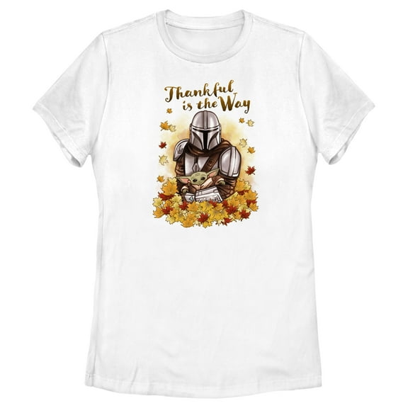 Women's Star Wars: The Mandalorian Grogu and Din Djarin Thankful is the Way  Graphic Tee White 2X Large