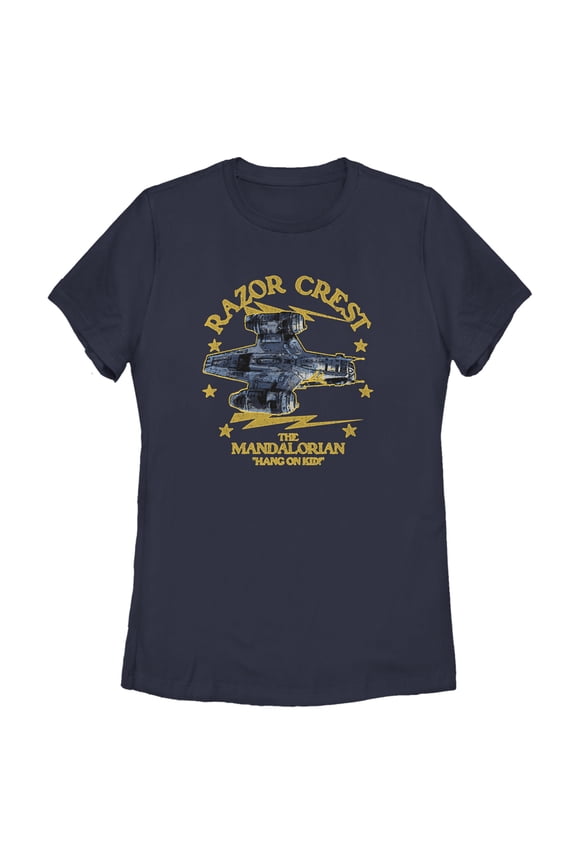 Women's Star Wars: The Mandalorian Razor Crest Hang On Kid  Graphic Tee Navy Blue Small