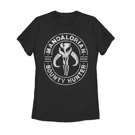 Women's Star Wars: The Mandalorian Seek & Destroy Stamp Graphic Tee Black Small