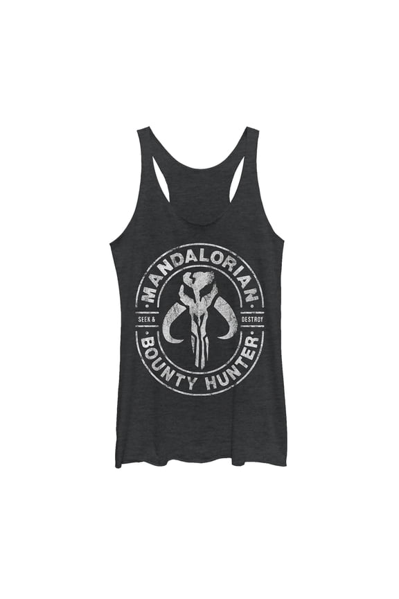 Women's Star Wars: The Mandalorian Seek & Destroy Stamp Racerback Tank Top Black Heather Small