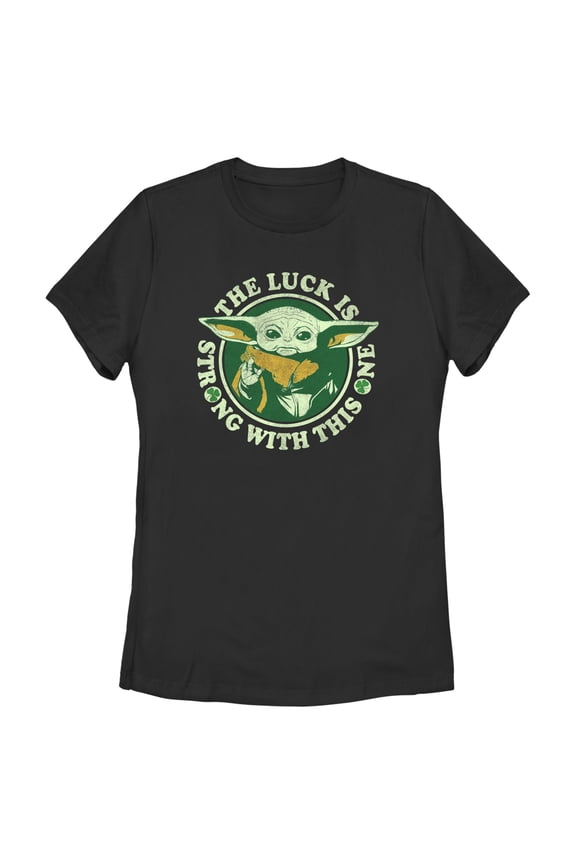 Women's Star Wars: The Mandalorian St. Patrick's Day Grogu Luck is Strong with this One Distressed Graphic Tee Black Medium