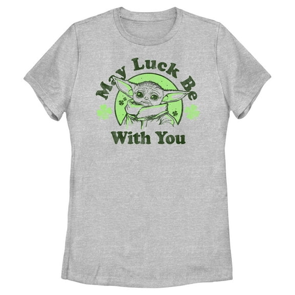 Women's Star Wars: The Mandalorian St. Patrick's Day Grogu May Luck be with You Distressed Graphic Tee Athletic Heather Medium