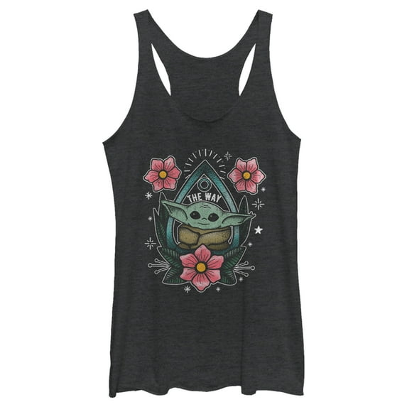 Women's Star Wars: The Mandalorian The Child Flower Tattoo Racerback Tank Top Black Heather X Small