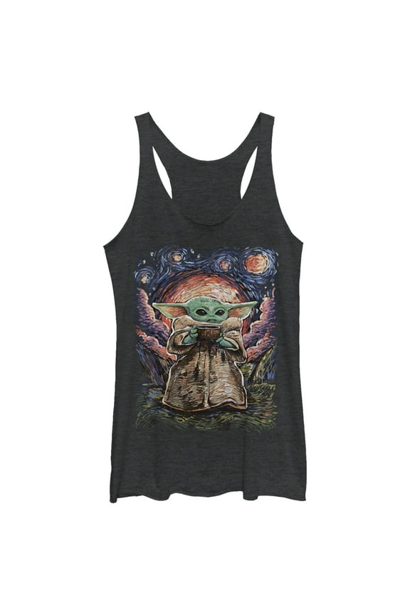 Women's Star Wars: The Mandalorian The Child Starry Night  Racerback Tank Top Black Heather Small