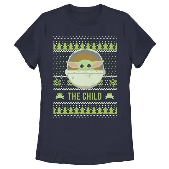 Women's Star Wars The Mandalorian The Child Ugly Christmas Frog Graphic Tee Navy Blue Small