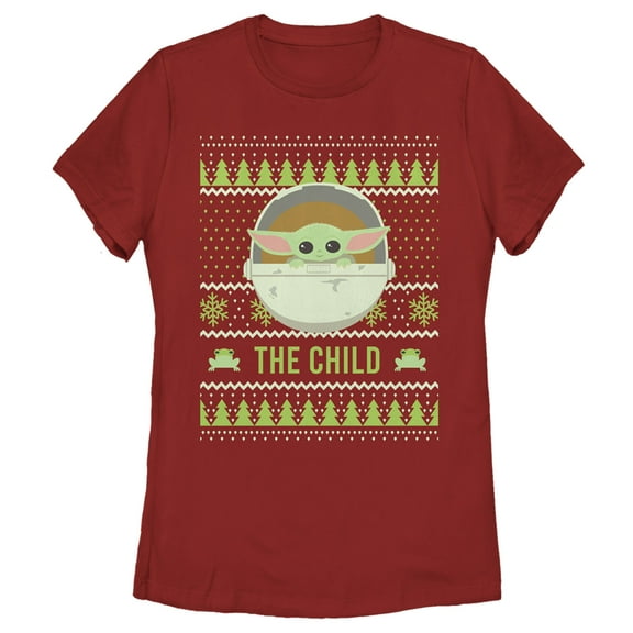 Women's Star Wars The Mandalorian The Child Ugly Christmas Frog  Graphic Tee Red 2X Large