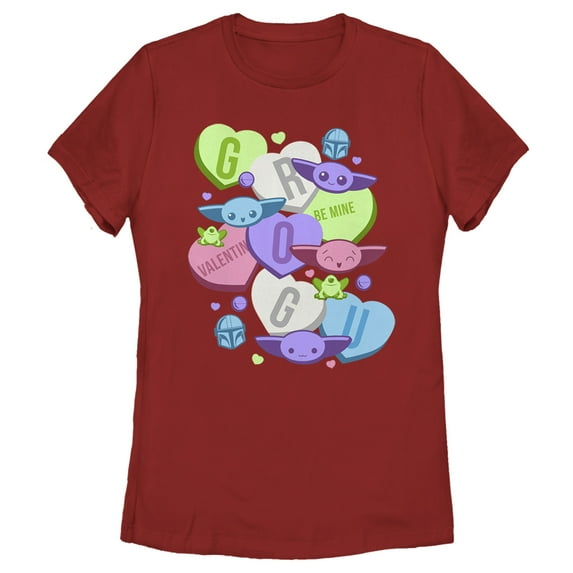 Women's Star Wars: The Mandalorian Valentine's Day The Child Floating Candy Hearts Graphic Tee Red X Large