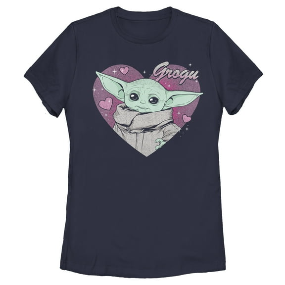 Women's Star Wars: The Mandalorian Valentine's Day The Child Heart Portrait  Graphic Tee Navy Blue Medium