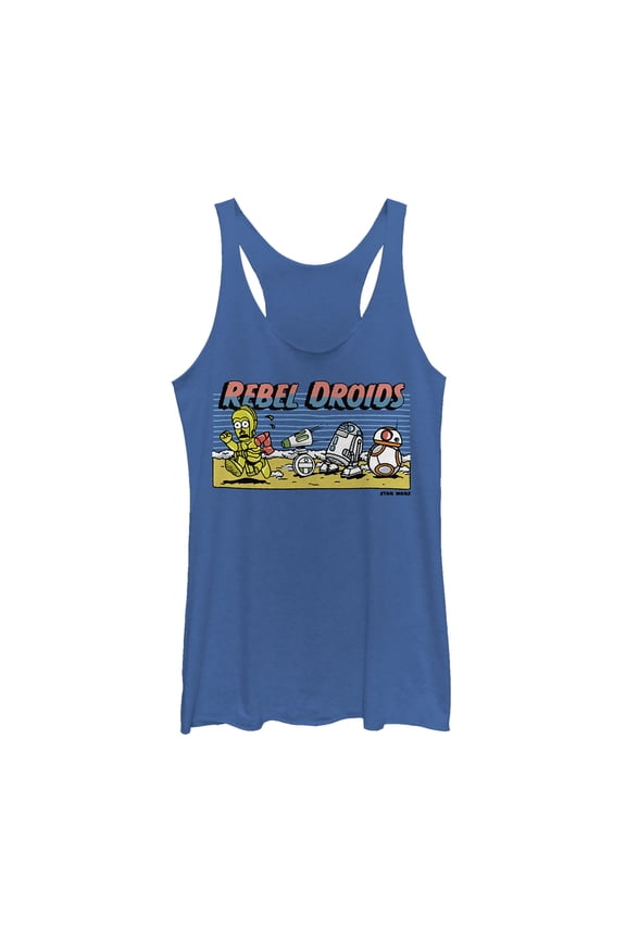 Women's Star Wars: The Rise of Skywalker Rebel Droids Cartoon Racerback Tank Top Royal Blue Heather X Small