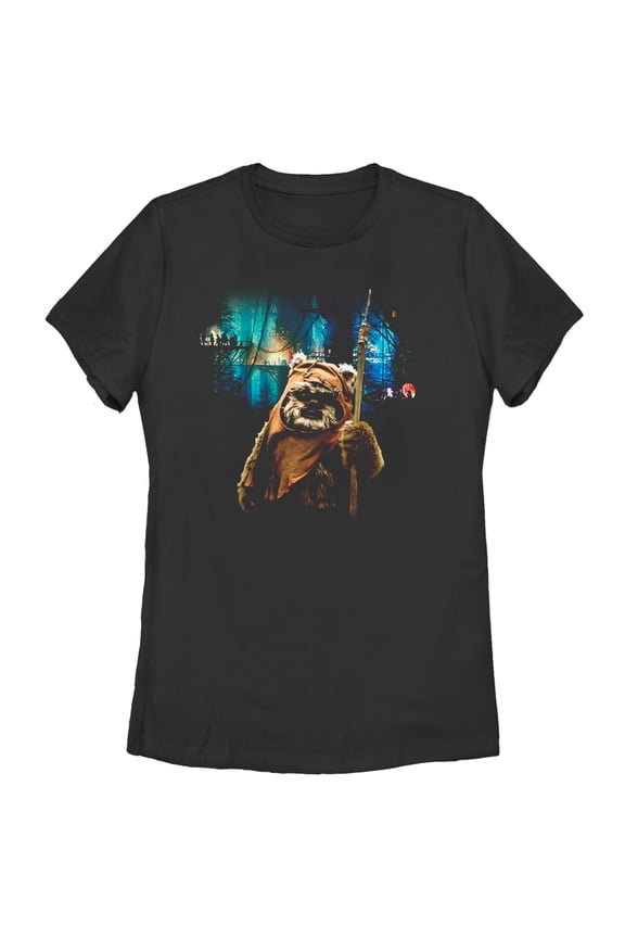 Women's Star Wars Tree Village Wicket Ewok Graphic Tee Black 2X Large