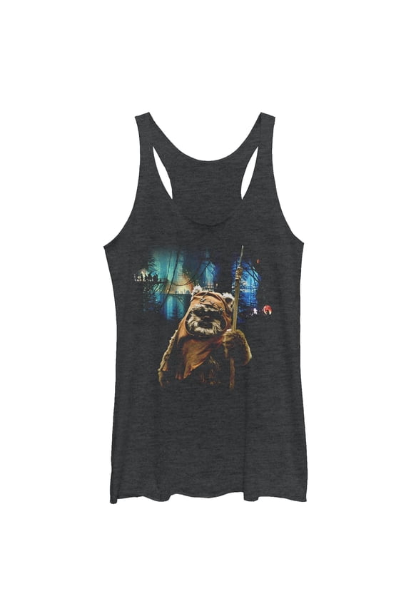 Women's Star Wars Tree Village Wicket Ewok Racerback Tank Top Black Heather Large