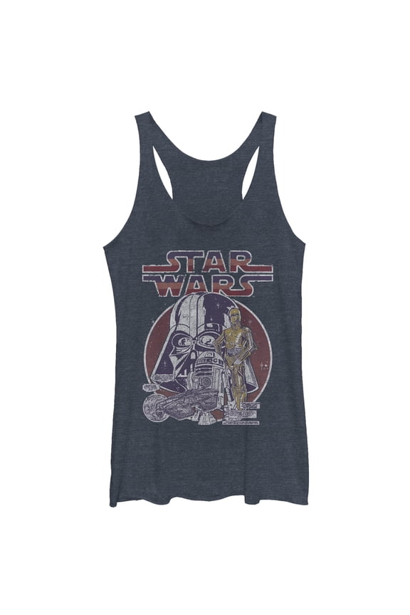 Women's Star Wars Vintage Droid Circle Racerback Tank Top Navy Blue Heather Medium