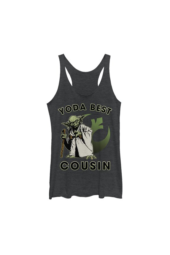 Women's Star Wars Yoda Best Cousin  Racerback Tank Top Black Heather Small