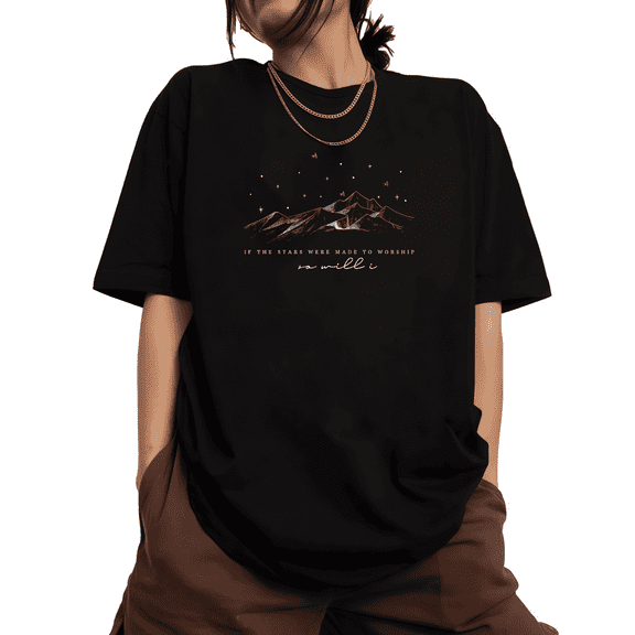 Women Starry Mountain Worship Graphic Beautiful Tee T-Shirt Print Top Short Sleeve Round Neck Black S-5XL