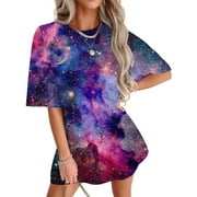 RBCULF Women's Starry Sky Print Tops 2024 Trendy Casual Shirts Summer Loose Short Sleeve Round Neck Pullover Tee Oversized T-Shirt for Women