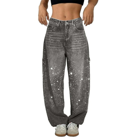 Women's Starry Sky Rhinestone High Waisted Baggy Jeans, Loose Fit Straight Leg Denim Pants with Stretchable Comfort, Casual Wide Leg Trousers for Daily Wear and Street Fashion Grey XL