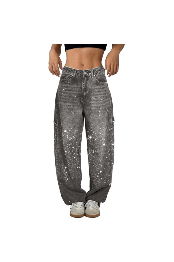 Women's Starry Sky Rhinestone High Waisted Baggy Jeans, Loose Fit Straight Leg Denim Pants with Stretchable Comfort, Casual Wide Leg Trousers for Daily Wear and Street Fashion Grey XL