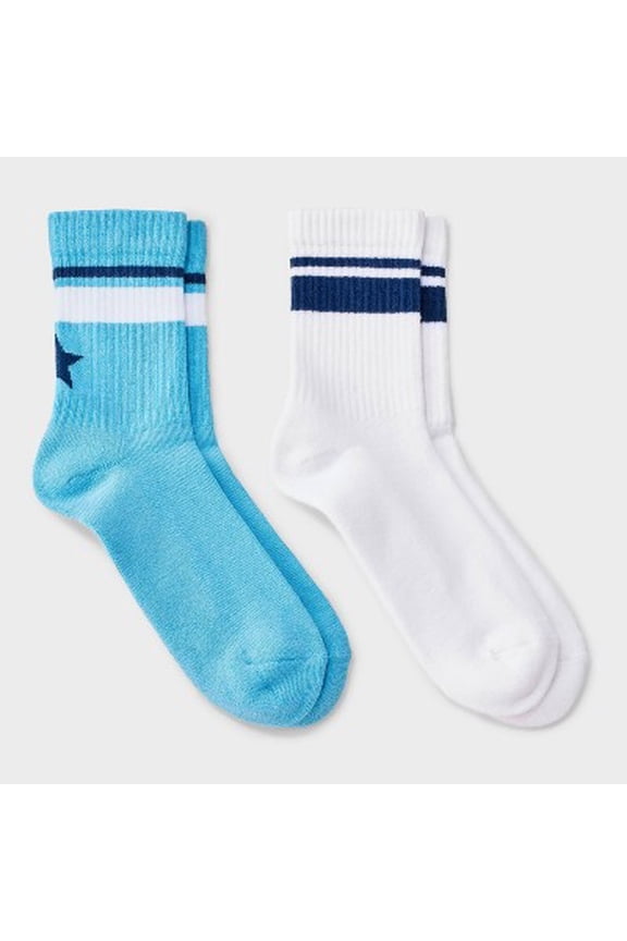 Women's Stars Cushioned Ribbed 2pk Mid Crew Socks - Blue/White/Navy 4-10
