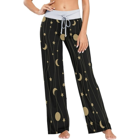 Women's Stars Moon Black Pajama Pants, Casual Pajama Bottoms Lounge Pants Wide Leg