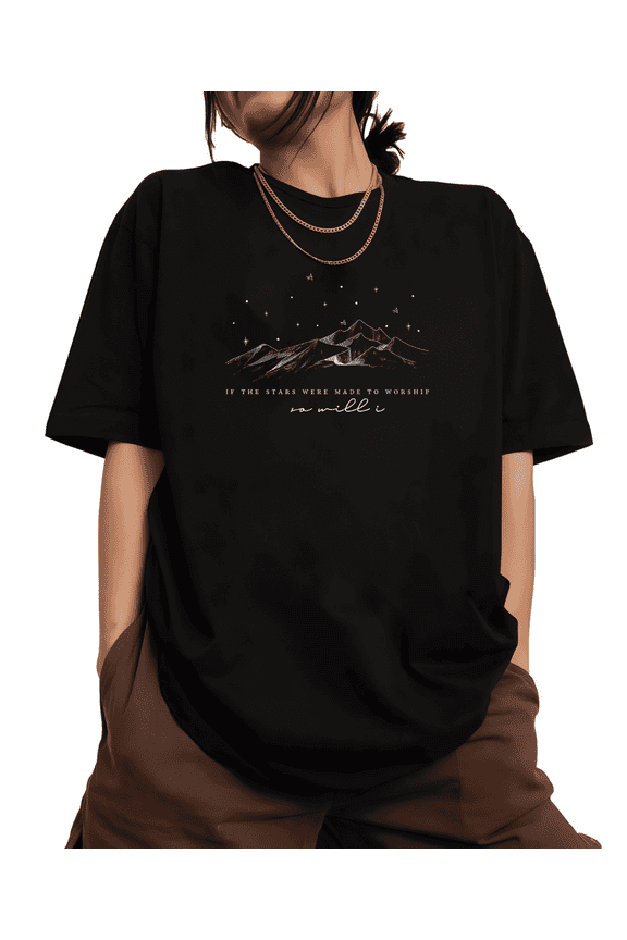 Women's Stars & Mountains Comfortable Tee Casual Top Inspirational Graphic Short Sleeve Round Neck Black S-5XL