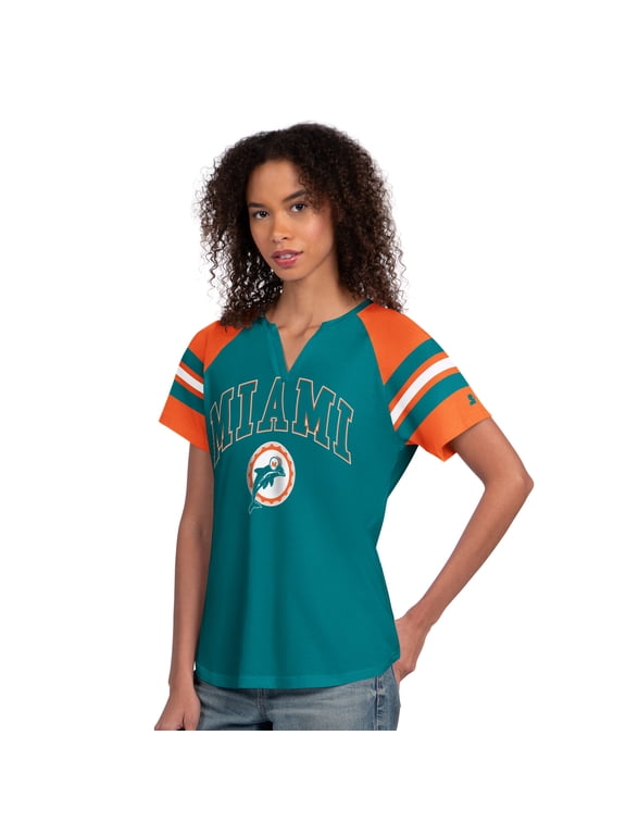 Women's Starter Aqua Miami Dolphins Game On Notch Neck Raglan T-Shirt
