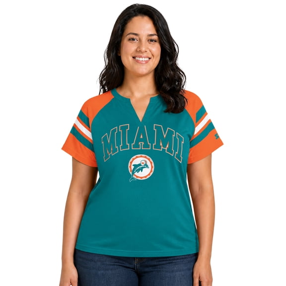 Women's Starter Aqua Miami Dolphins Plus Size Throwback Game On Notch Neck Raglan T-Shirt