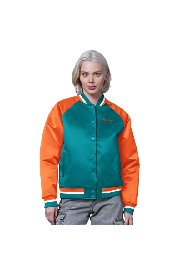 Women's Starter Aqua/Orange Miami Dolphins Satin Full-Snap Vintage Varsity Jacket
