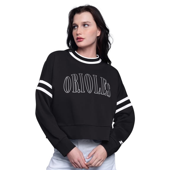 Women's Starter Black Baltimore Orioles Power Play Cropped Pullover Sweatshirt