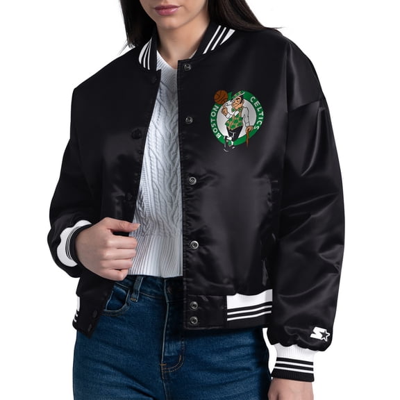 Women's Starter Black Boston Celtics Arch Stripe Full-Snap Satin Varsity Jacket