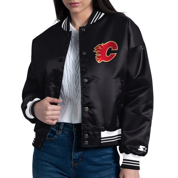 Women's Starter Black Calgary Flames Arch Stripe Satin Full-Snap Varsity Jacket