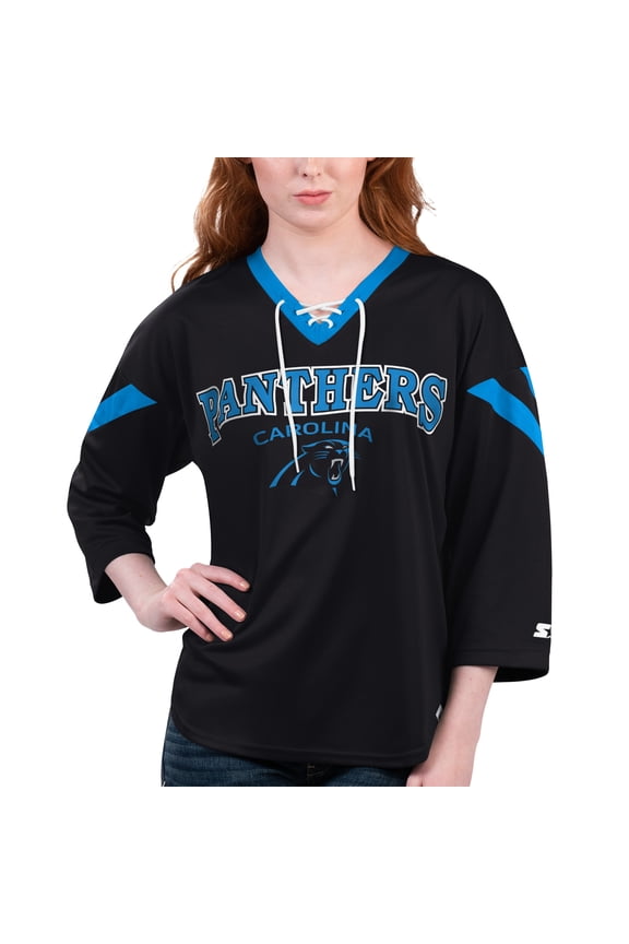 Women's Starter Black Carolina Panthers Rally Lace-Up 3/4 Sleeve T-Shirt