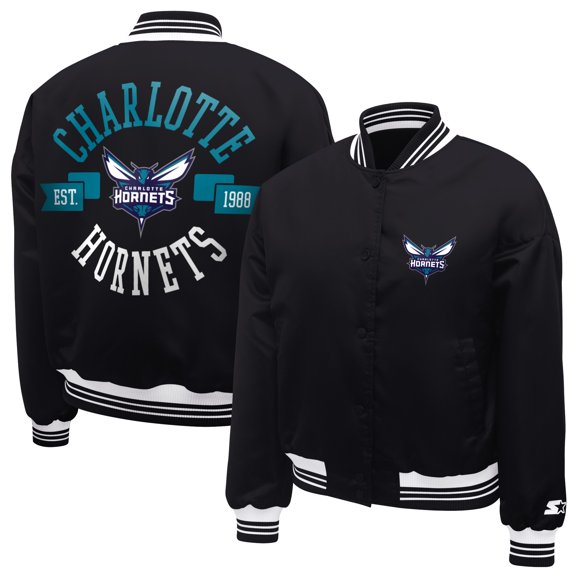 Women's Starter Black Charlotte Hornets Printed Logo Cropped Satin Varsity Full-Snap Jacket