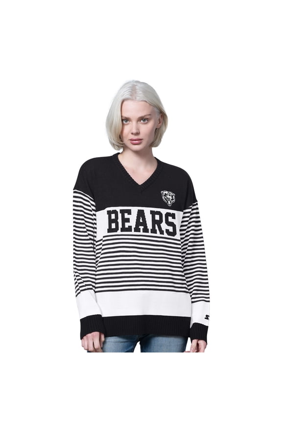 Women's Starter Black Chicago Bears No Huddle Striped V-Neck Sweater