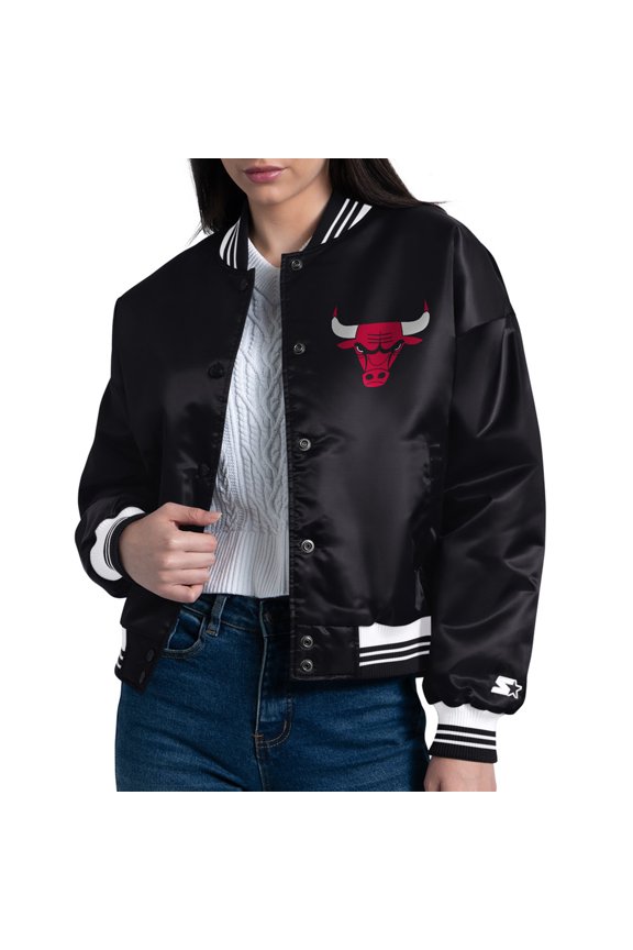 Women's Starter Black Chicago Bulls Arch Stripe Full-Snap Satin Varsity Jacket