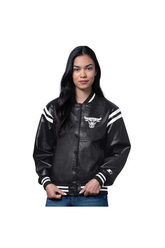 Women's Starter Black Chicago Bulls High Heat Leather Varsity Full-Snap Jacket
