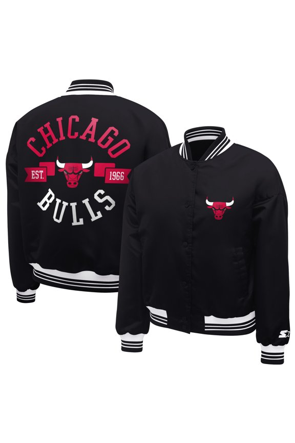 Women's Starter Black Chicago Bulls Printed Logo Cropped Satin Varsity Full-Snap Jacket