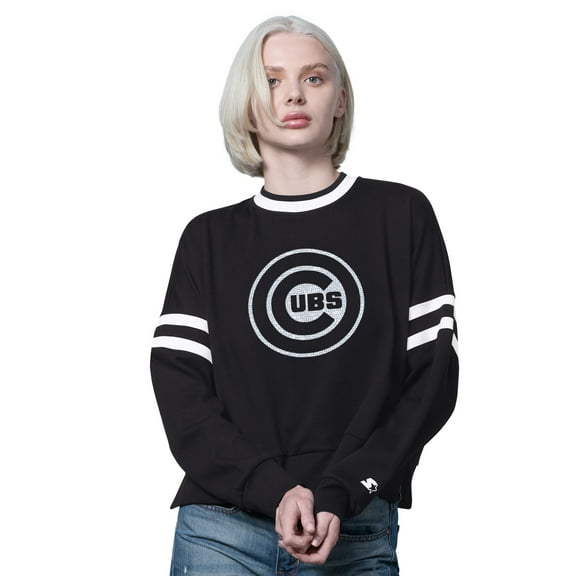 Women's Starter Black Chicago Cubs Rally Cropped Drop Shoulder Crewneck Sweatshirt